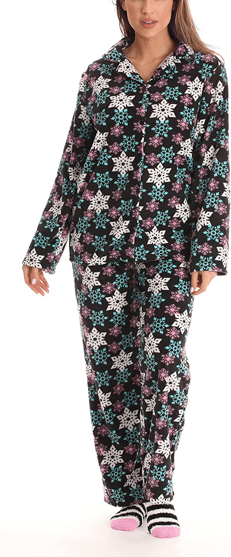 #followme Printed Microfleece Button Front PJ Pant Set with Socks Apparel & Accessories > Clothing > Sleepwear & Loungewear > Pajamas #followme Black - Snowflake X-Large 