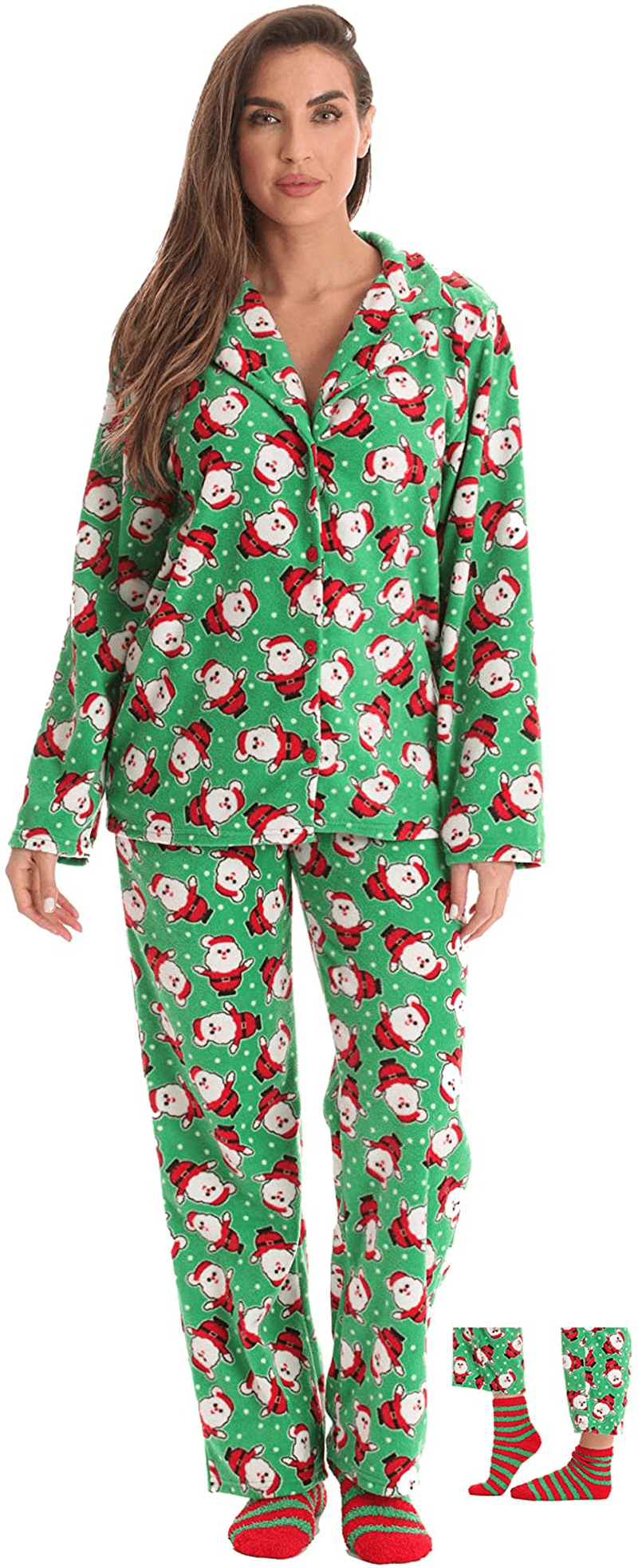 #followme Printed Microfleece Button Front PJ Pant Set with Socks Apparel & Accessories > Clothing > Sleepwear & Loungewear > Pajamas #followme Green - Santa Tossed Large 