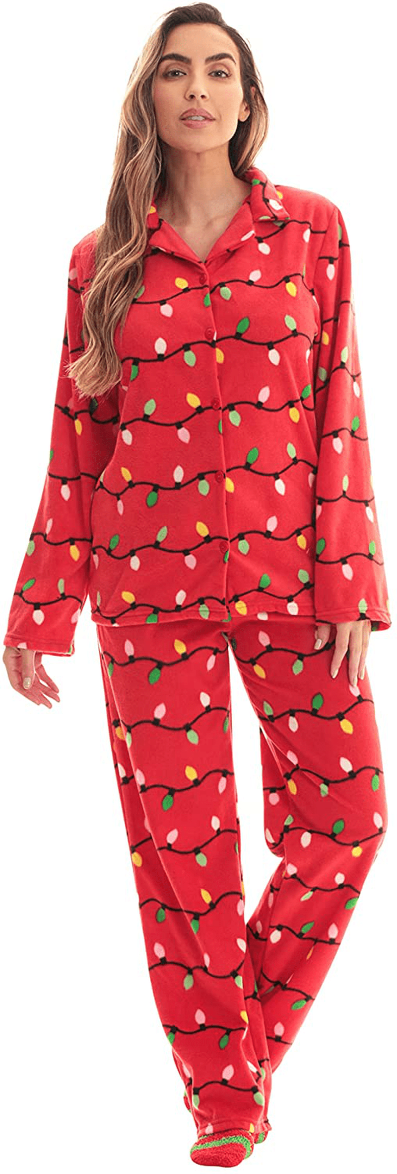 #followme Printed Microfleece Button Front PJ Pant Set with Socks Apparel & Accessories > Clothing > Sleepwear & Loungewear > Pajamas #followme Red - Lights Large 