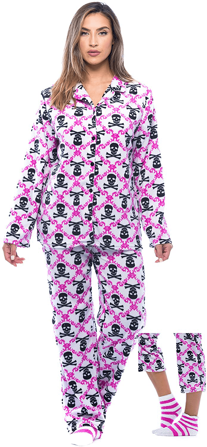 #followme Printed Microfleece Button Front PJ Pant Set with Socks Apparel & Accessories > Clothing > Sleepwear & Loungewear > Pajamas #followme White - Skull Brocade Small 