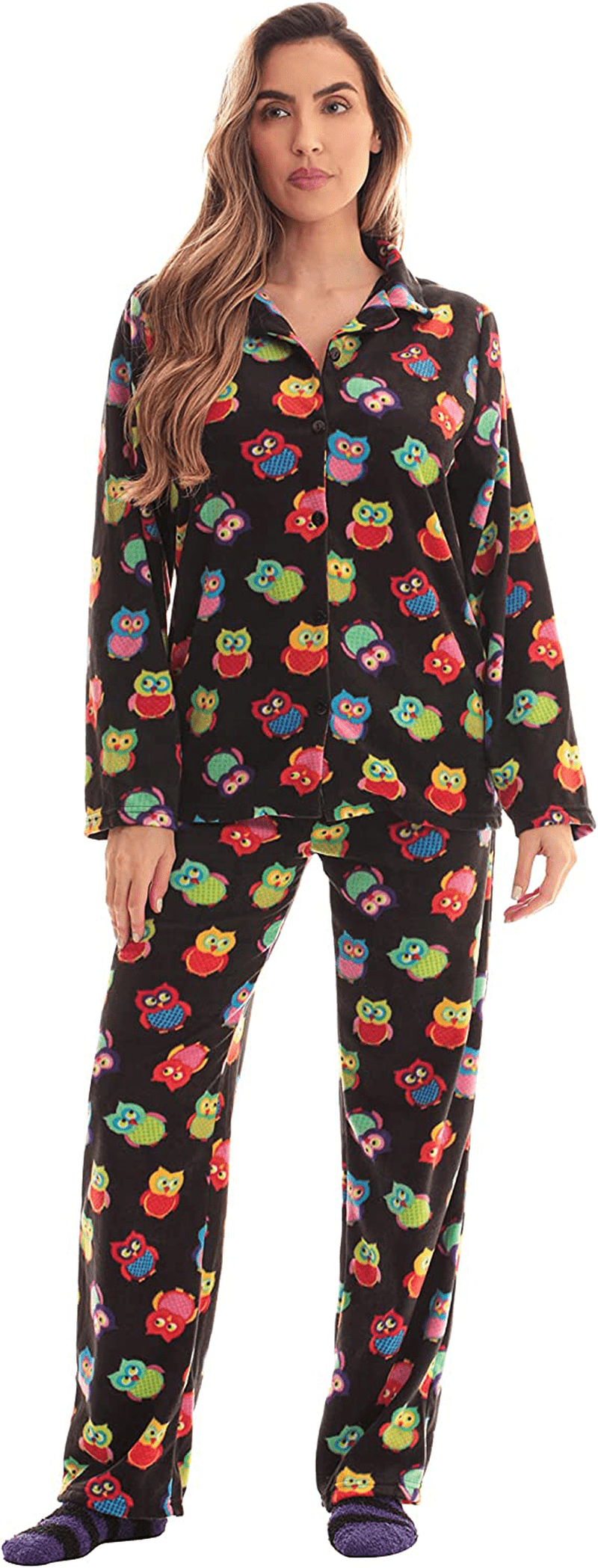 #followme Printed Microfleece Button Front PJ Pant Set with Socks Apparel & Accessories > Clothing > Sleepwear & Loungewear > Pajamas #followme Black - Owl Small 