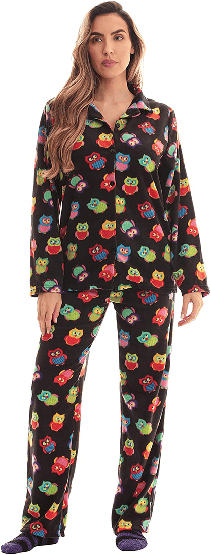 #followme Printed Microfleece Button Front PJ Pant Set with Socks Apparel & Accessories > Clothing > Sleepwear & Loungewear > Pajamas #followme Black - Owl Small 