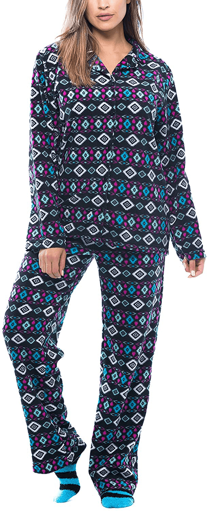 #followme Printed Microfleece Button Front PJ Pant Set with Socks Apparel & Accessories > Clothing > Sleepwear & Loungewear > Pajamas #followme Black - Navajo Nights Small 