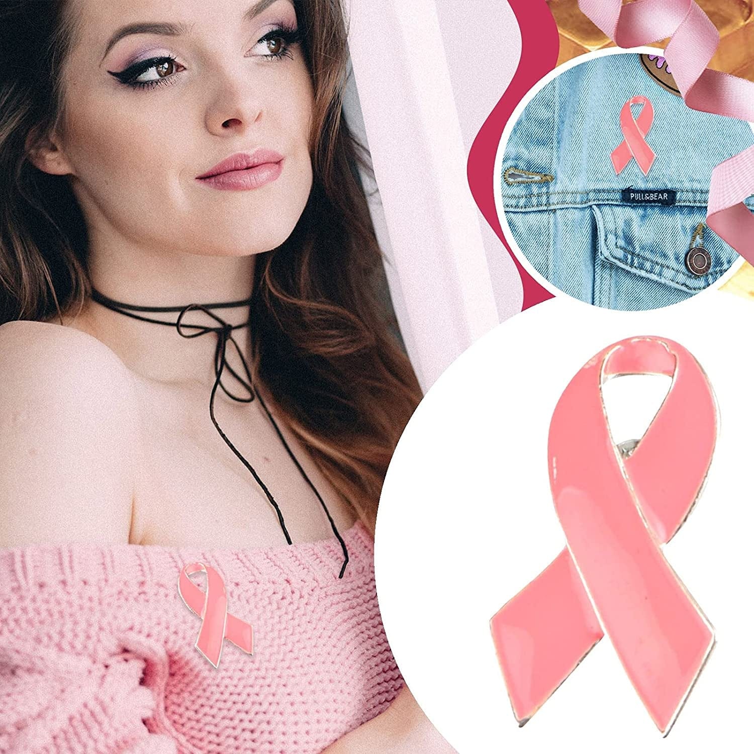 For Breast Awareness Pins-Pink Lapel Brooch Ribbon Event Hope Pins Cancer Metal Ribbon Pins Breast Cancer Brooch 3 Inch Corsage (C, One Size)