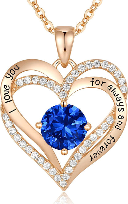 Forever Love Heart Pendant Necklaces for Women 925 Sterling Silver with Birthstone Zirconia, Christmas Birthday Anniversary Jewelry Gift for Women Wife Girls Her Rose Gold-09-Sept