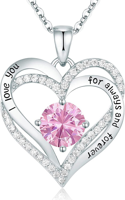 Forever Love Heart Pendant Necklaces for Women 925 Sterling Silver with Birthstone Zirconia, Christmas Birthday Anniversary Jewelry Gift for Women Wife Girls Her Sliver-10-Oct