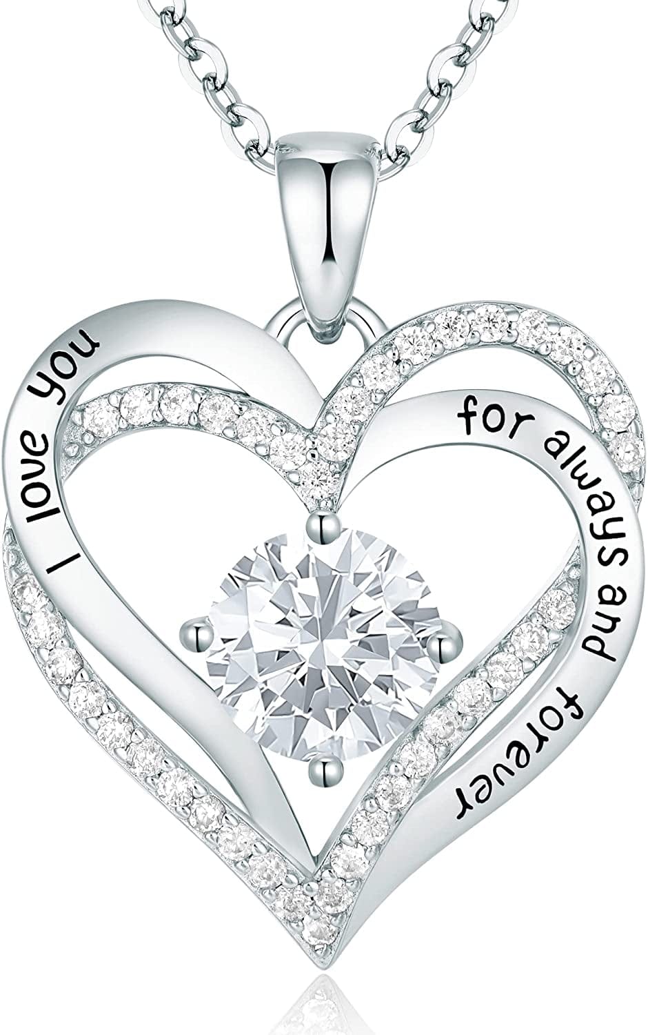 Forever Love Heart Pendant Necklaces for Women 925 Sterling Silver with Birthstone Zirconia, Christmas Birthday Anniversary Jewelry Gift for Women Wife Girls Her Sliver-04-Apr