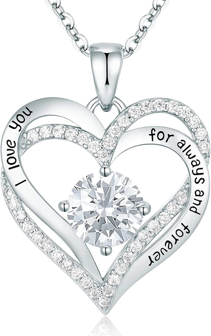 Forever Love Heart Pendant Necklaces for Women 925 Sterling Silver with Birthstone Zirconia, Christmas Birthday Anniversary Jewelry Gift for Women Wife Girls Her Sliver-04-Apr