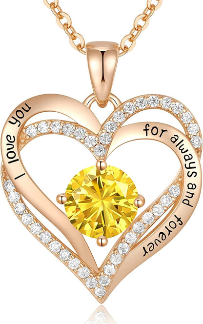 Forever Love Heart Pendant Necklaces for Women 925 Sterling Silver with Birthstone Zirconia, Christmas Birthday Anniversary Jewelry Gift for Women Wife Girls Her Rose Gold-11-Nov