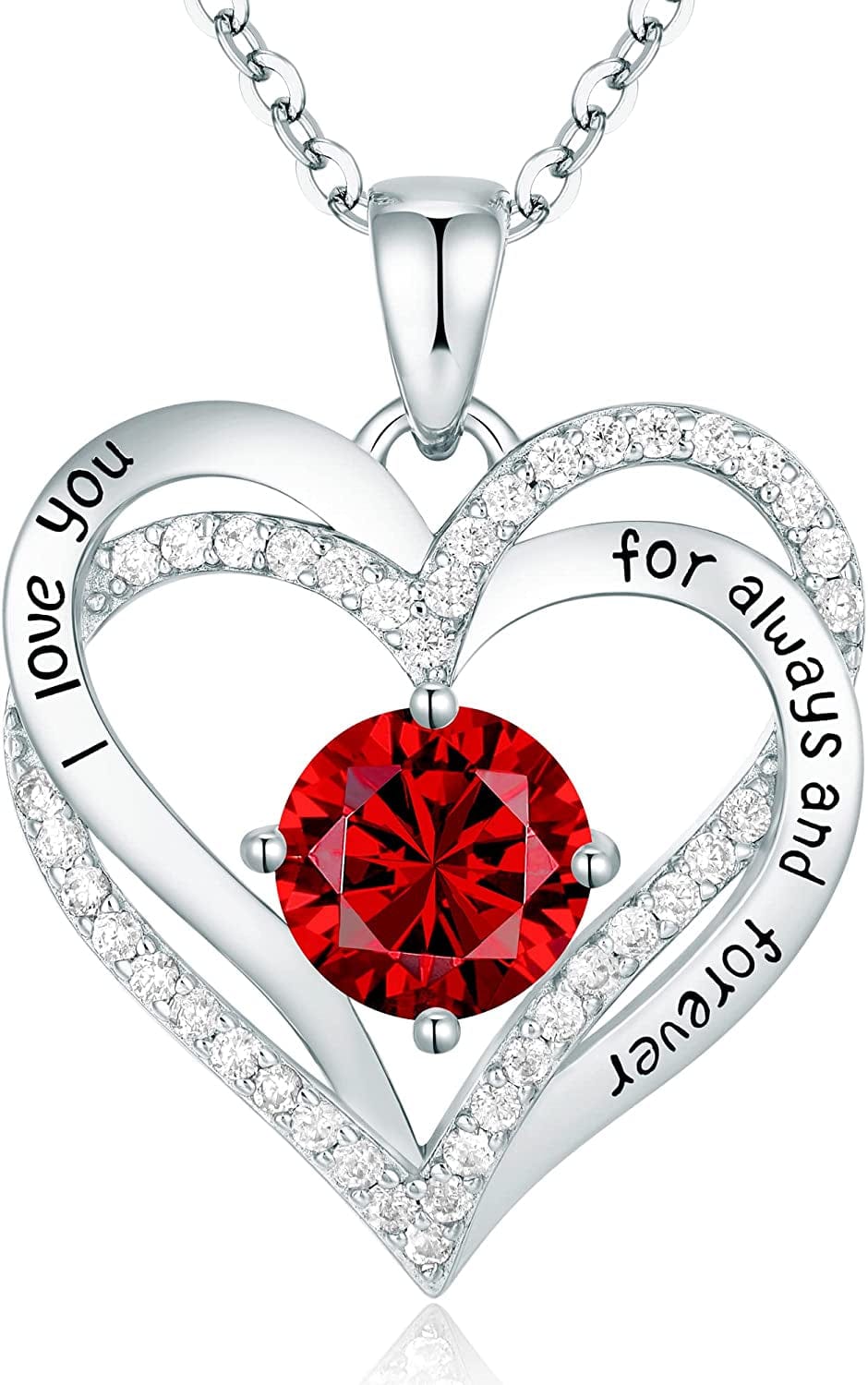 Forever Love Heart Pendant Necklaces for Women 925 Sterling Silver with Birthstone Zirconia, Christmas Birthday Anniversary Jewelry Gift for Women Wife Girls Her Sliver-07-July