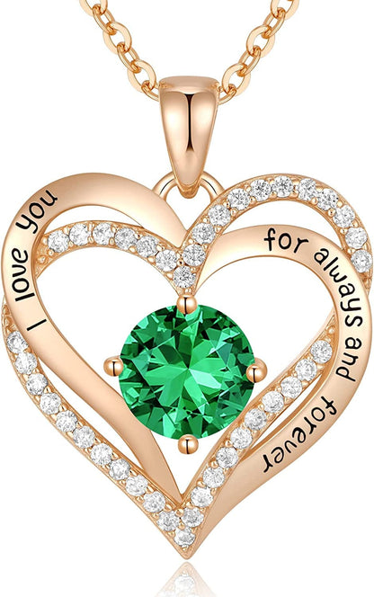 Forever Love Heart Pendant Necklaces for Women 925 Sterling Silver with Birthstone Zirconia, Christmas Birthday Anniversary Jewelry Gift for Women Wife Girls Her Rose Gold-05-May