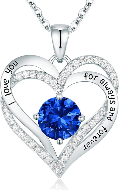Forever Love Heart Pendant Necklaces for Women 925 Sterling Silver with Birthstone Zirconia, Christmas Birthday Anniversary Jewelry Gift for Women Wife Girls Her Sliver-09-Sept