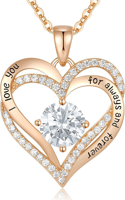 Forever Love Heart Pendant Necklaces for Women 925 Sterling Silver with Birthstone Zirconia, Christmas Birthday Anniversary Jewelry Gift for Women Wife Girls Her Rose Gold-04-Apr