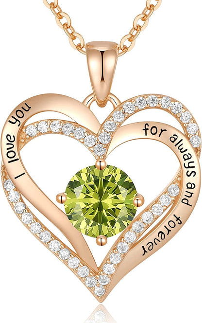 Forever Love Heart Pendant Necklaces for Women 925 Sterling Silver with Birthstone Zirconia, Christmas Birthday Anniversary Jewelry Gift for Women Wife Girls Her Rose Gold-08-Aug