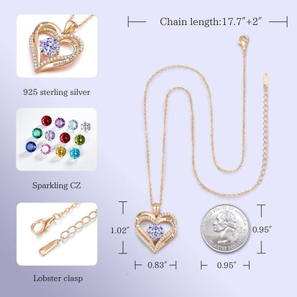 Forever Love Heart Pendant Necklaces for Women 925 Sterling Silver with Birthstone Zirconia, Christmas Birthday Anniversary Jewelry Gift for Women Wife Girls Her