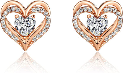 Forever Love Heart Stud Earrings 925 Sterling Silver with Birthstone Zirconia, Christmas Birthday Jewelry Gifts for Women Girls Rose Gold-Mini-Apr. / Rose Gold