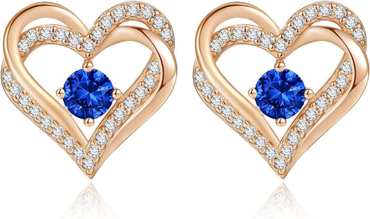 Forever Love Heart Stud Earrings 925 Sterling Silver with Birthstone Zirconia, Christmas Birthday Jewelry Gifts for Women Girls Rose Gold-09-Sept / Rose Gold