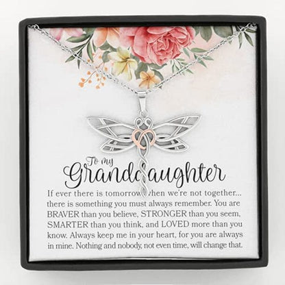 Forever Loved Granddaughter Gifts from Grandma Grandpa Interlocking Hearts Necklace - Granddaughter Necklace Card Message Gifts for Granddaughter with Inspirational Quotes! Dragonfly Necklace