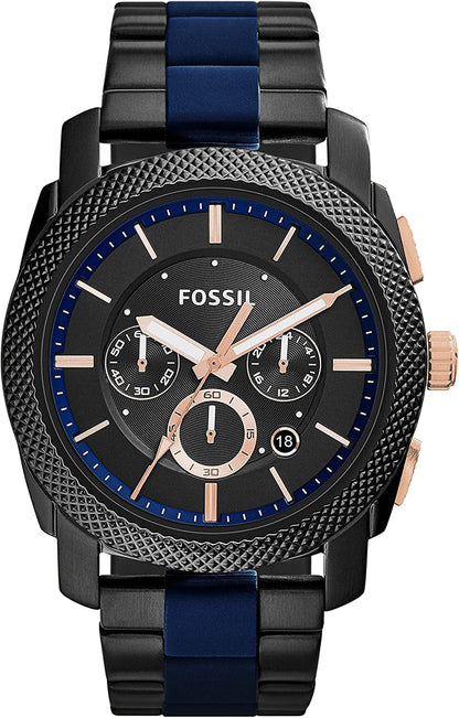 Fossil Men'S Machine Stainless Steel Case Quartz Chronograph Watch Black/Blue Silicone