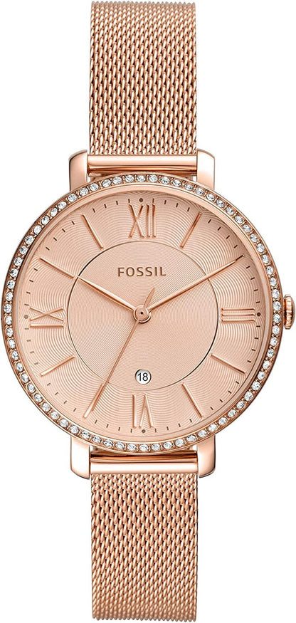 Fossil Women'S Jacqueline Quartz Stainless Steel Dress Watch Rose Gold Glitz Mesh