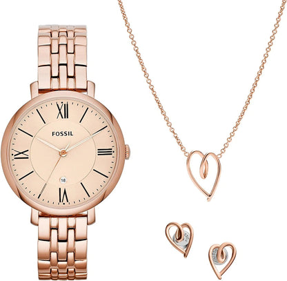Fossil Women'S Jacqueline Quartz Stainless Steel Dress Watch Rose Gold/Jewelry Gift Set