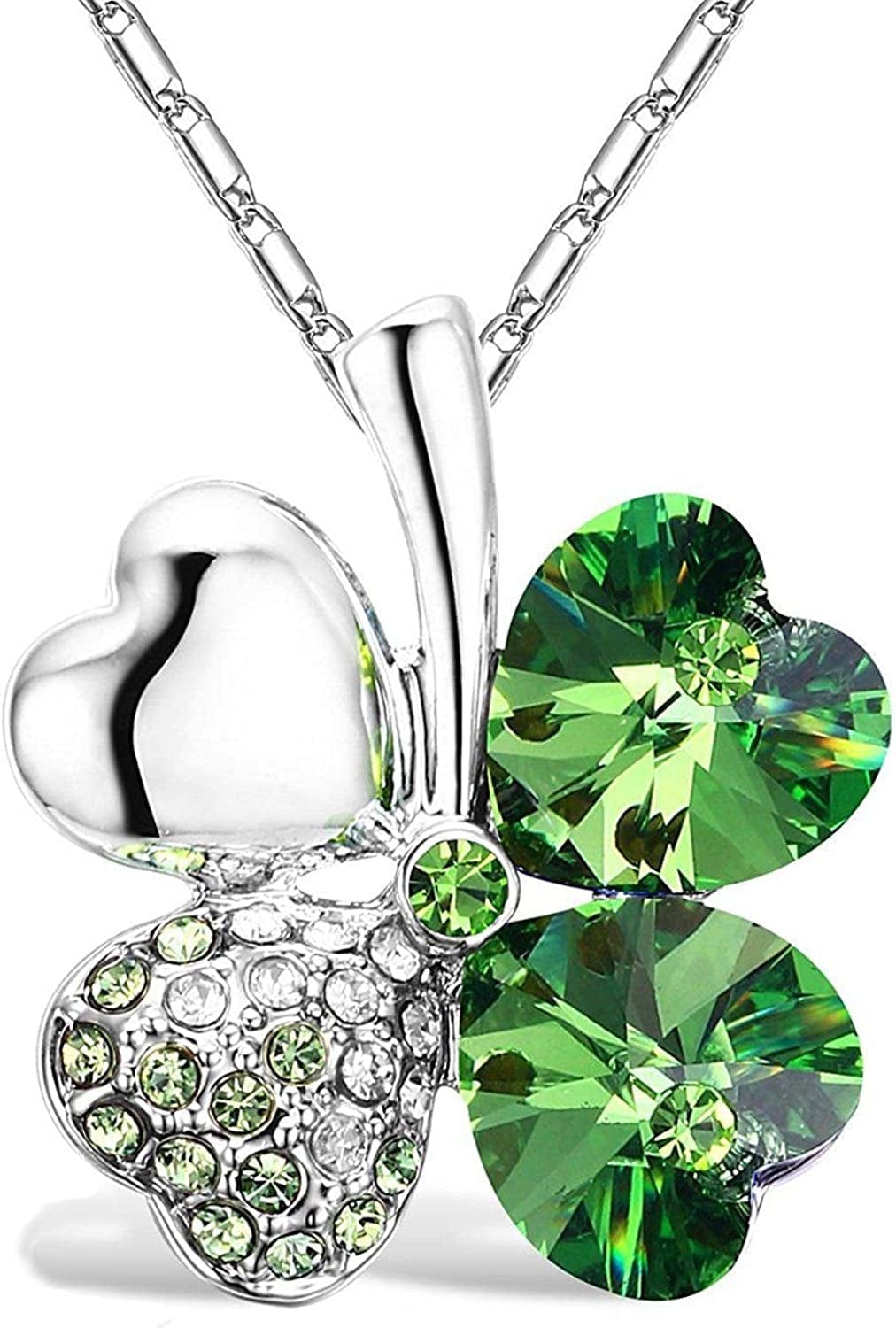 Four Leaf Clover Necklace - Green St.Patrick'S Day Earrings for Women - Shamrock Earrings - Irish Jewelry - Shamrock Pin Brooch - Green Clover Necklace, Earrings, Bracelet, Brooch - Silver Necklace