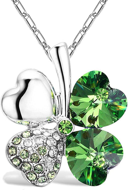 Four Leaf Clover Necklace - Green St.Patrick'S Day Earrings for Women - Shamrock Earrings - Irish Jewelry - Shamrock Pin Brooch - Green Clover Necklace, Earrings, Bracelet, Brooch - Silver Necklace