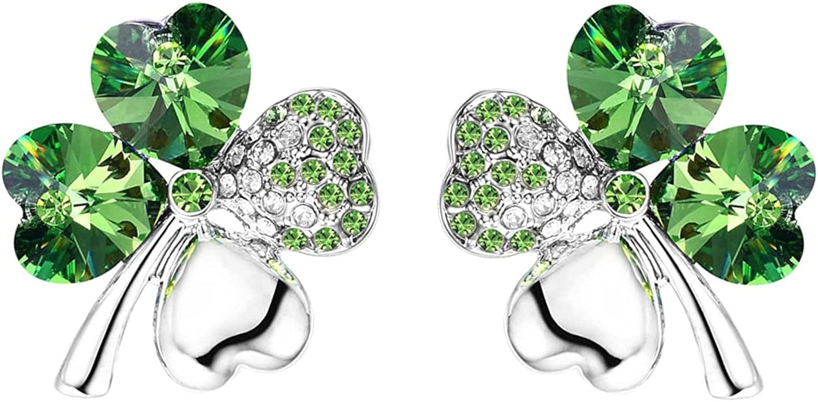 Four Leaf Clover Necklace - Green St.Patrick'S Day Earrings for Women - Shamrock Earrings - Irish Jewelry - Shamrock Pin Brooch - Green Clover Necklace, Earrings, Bracelet, Brooch - Silver Earrings