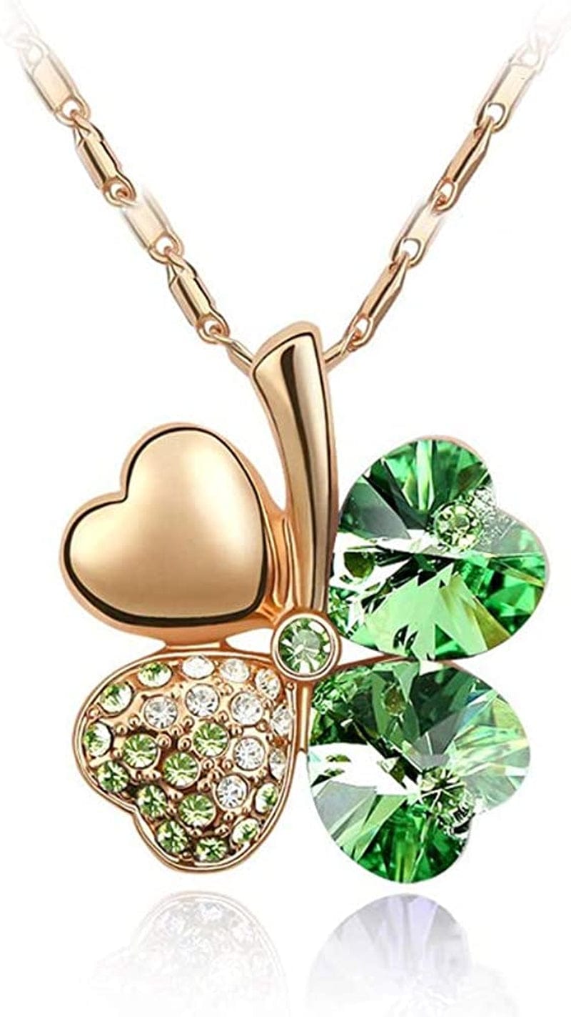 Four Leaf Clover Necklace - Green St.Patrick'S Day Earrings for Women - Shamrock Earrings - Irish Jewelry - Shamrock Pin Brooch - Green Clover Necklace, Earrings, Bracelet, Brooch - Gold Necklace