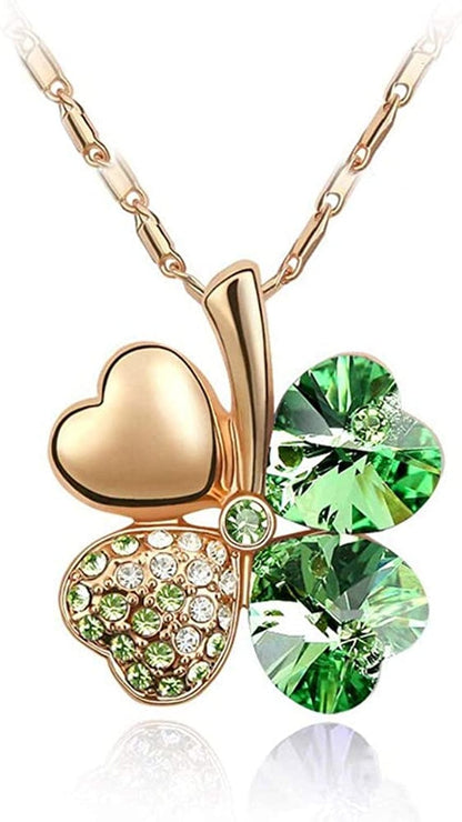 Four Leaf Clover Necklace - Green St.Patrick'S Day Earrings for Women - Shamrock Earrings - Irish Jewelry - Shamrock Pin Brooch - Green Clover Necklace, Earrings, Bracelet, Brooch - Gold Necklace
