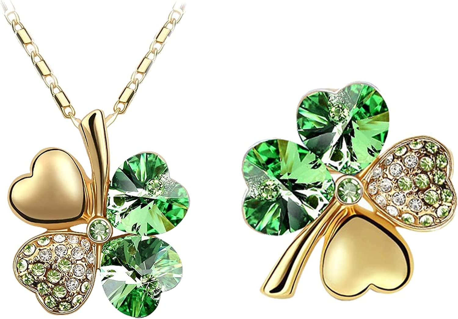 Four Leaf Clover Necklace - Green St.Patrick'S Day Earrings for Women - Shamrock Earrings - Irish Jewelry - Shamrock Pin Brooch - Green Clover Necklace, Earrings, Bracelet, Brooch - Gold Brooch & Necklace