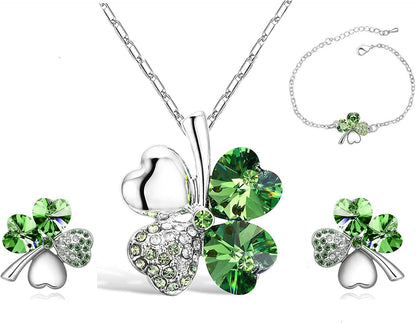 Four Leaf Clover Necklace - Green St.Patrick'S Day Earrings for Women - Shamrock Earrings - Irish Jewelry - Shamrock Pin Brooch - Green Clover Necklace, Earrings, Bracelet, Brooch - Silver Earrings Necklace Bracelet