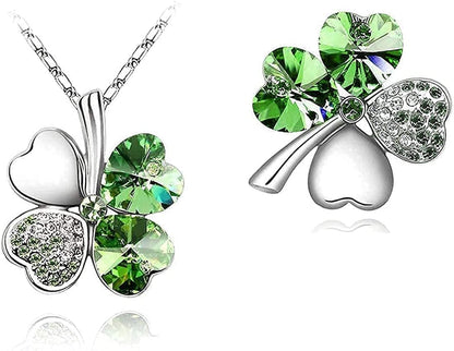 Four Leaf Clover Necklace - Green St.Patrick'S Day Earrings for Women - Shamrock Earrings - Irish Jewelry - Shamrock Pin Brooch - Green Clover Necklace, Earrings, Bracelet, Brooch - Silver Brooch & Necklace
