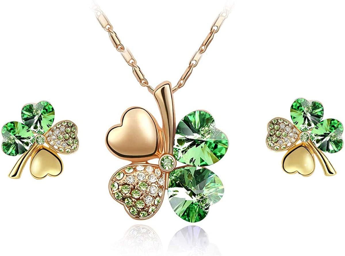 Four Leaf Clover Necklace - Green St.Patrick'S Day Earrings for Women - Shamrock Earrings - Irish Jewelry - Shamrock Pin Brooch - Green Clover Necklace, Earrings, Bracelet, Brooch - Gold Earrings Necklace