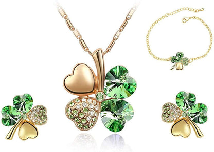 Four Leaf Clover Necklace - Green St.Patrick'S Day Earrings for Women - Shamrock Earrings - Irish Jewelry - Shamrock Pin Brooch - Green Clover Necklace, Earrings, Bracelet, Brooch - Gold Earrings Necklace Bracelet