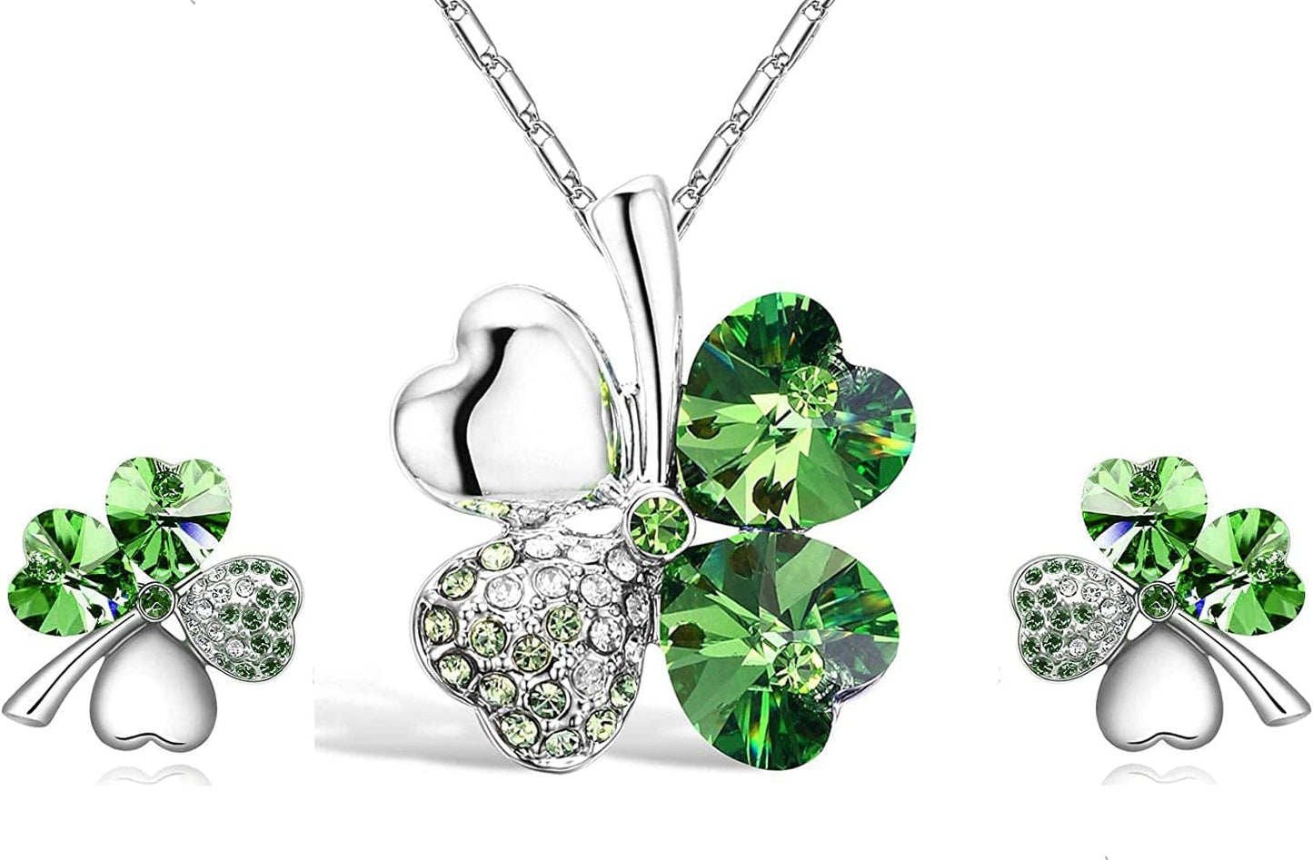 Four Leaf Clover Necklace - Green St.Patrick'S Day Earrings for Women - Shamrock Earrings - Irish Jewelry - Shamrock Pin Brooch - Green Clover Necklace, Earrings, Bracelet, Brooch - Silver Earrings & Necklace