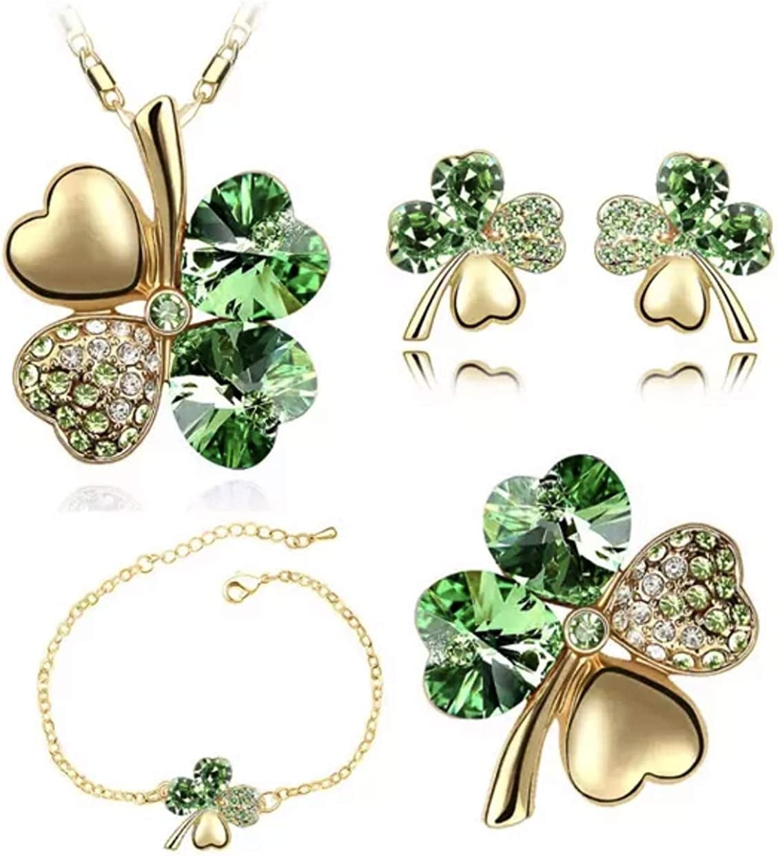 Four Leaf Clover Necklace - Green St.Patrick'S Day Earrings for Women - Shamrock Earrings - Irish Jewelry - Shamrock Pin Brooch - Green Clover Necklace, Earrings, Bracelet, Brooch - Gold Earrings Necklace Bracelet Brooch