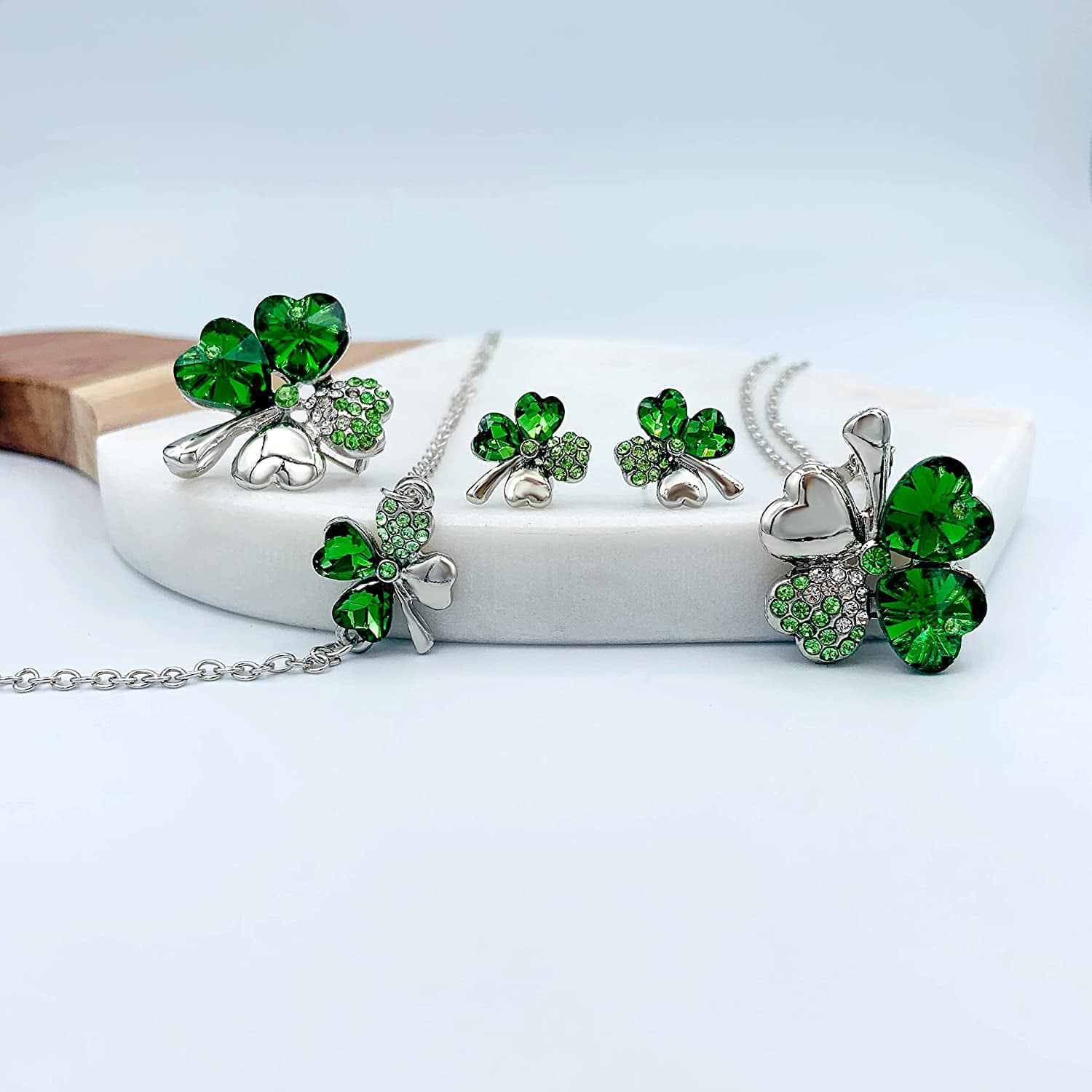 Four Leaf Clover Necklace - Green St.Patrick'S Day Earrings for Women - Shamrock Earrings - Irish Jewelry - Shamrock Pin Brooch - Green Clover Necklace, Earrings, Bracelet, Brooch -