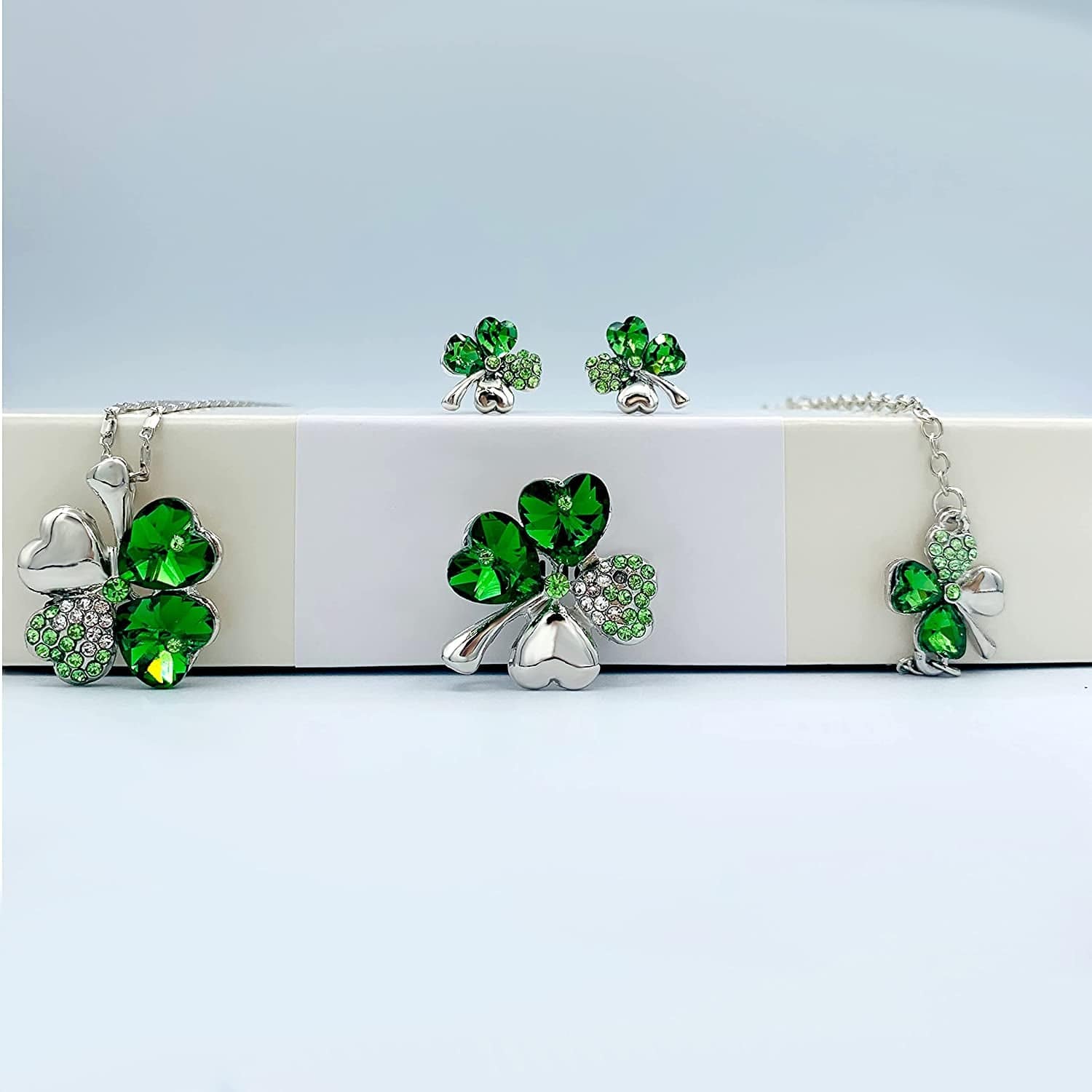 Four Leaf Clover Necklace - Green St.Patrick'S Day Earrings for Women - Shamrock Earrings - Irish Jewelry - Shamrock Pin Brooch - Green Clover Necklace, Earrings, Bracelet, Brooch -