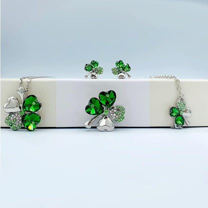 Four Leaf Clover Necklace - Green St.Patrick'S Day Earrings for Women - Shamrock Earrings - Irish Jewelry - Shamrock Pin Brooch - Green Clover Necklace, Earrings, Bracelet, Brooch -