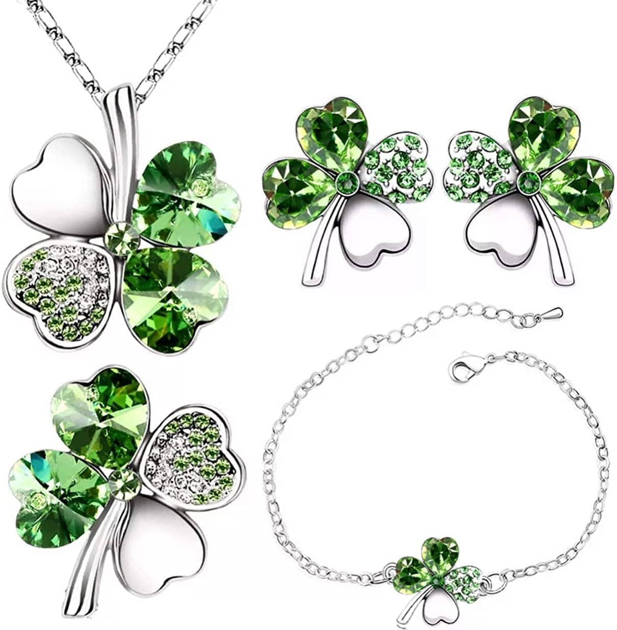 Four Leaf Clover Necklace - Green St.Patrick'S Day Earrings for Women - Shamrock Earrings - Irish Jewelry - Shamrock Pin Brooch - Green Clover Necklace, Earrings, Bracelet, Brooch - Silver Earrings Necklace Bracelet Brooch