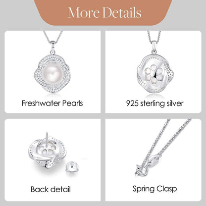 Freshwater Pearl Jewelry Set for Wedding Anniversary 925 Sterling Silver Rose-Shaped Pearl Necklace and Earring with Cubic Zirconia Valentine'S Day Jewelry Gift Birthday Gift for Mom Women Wife Girls Her