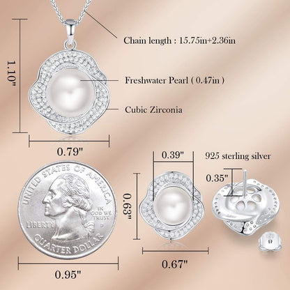 Freshwater Pearl Jewelry Set for Wedding Anniversary 925 Sterling Silver Rose-Shaped Pearl Necklace and Earring with Cubic Zirconia Valentine'S Day Jewelry Gift Birthday Gift for Mom Women Wife Girls Her