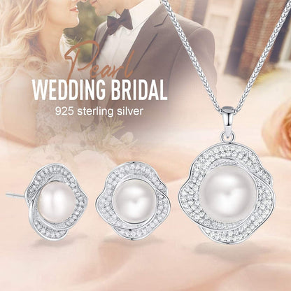 Freshwater Pearl Jewelry Set for Wedding Anniversary 925 Sterling Silver Rose-Shaped Pearl Necklace and Earring with Cubic Zirconia Valentine'S Day Jewelry Gift Birthday Gift for Mom Women Wife Girls Her