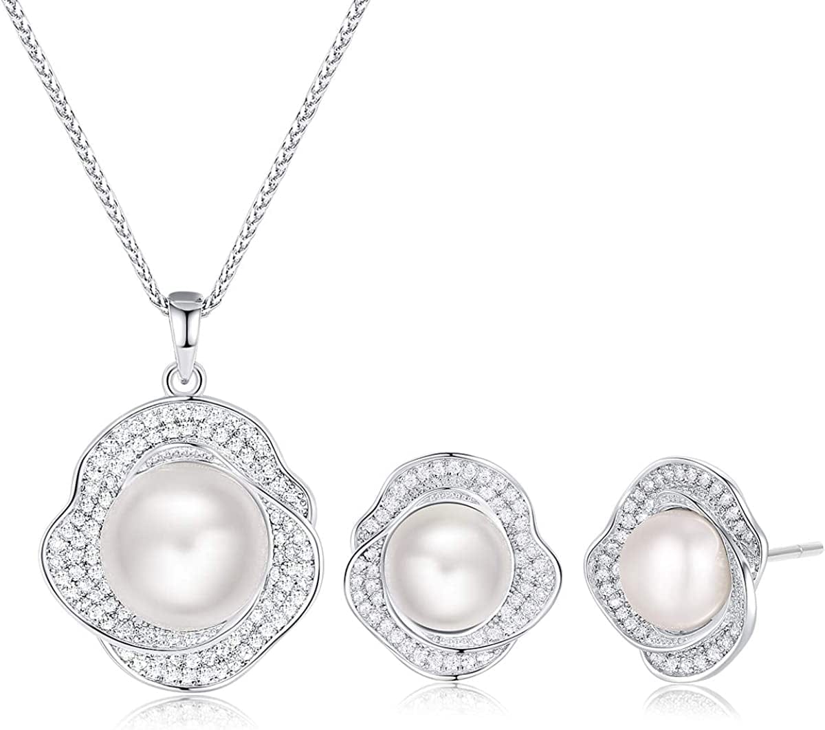 Freshwater Pearl Jewelry Set for Wedding Anniversary 925 Sterling Silver Rose-Shaped Pearl Necklace and Earring with Cubic Zirconia Valentine'S Day Jewelry Gift Birthday Gift for Mom Women Wife Girls Her