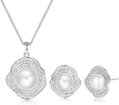 Freshwater Pearl Jewelry Set for Wedding Anniversary 925 Sterling Silver Rose-Shaped Pearl Necklace and Earring with Cubic Zirconia Valentine'S Day Jewelry Gift Birthday Gift for Mom Women Wife Girls Her