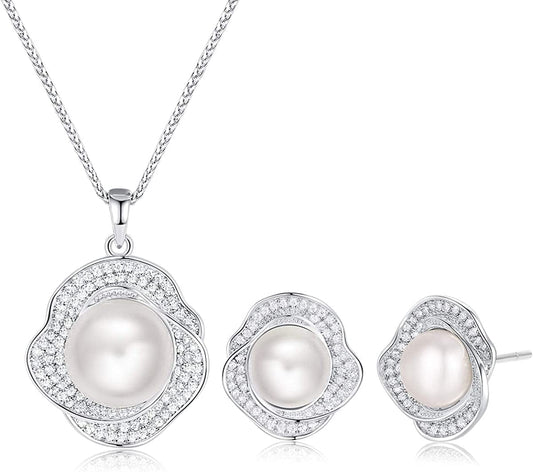 Freshwater Pearl Jewelry Set for Wedding Anniversary 925 Sterling Silver Rose-Shaped Pearl Necklace and Earring with Cubic Zirconia Valentine'S Day Jewelry Gift Birthday Gift for Mom Women Wife Girls Her