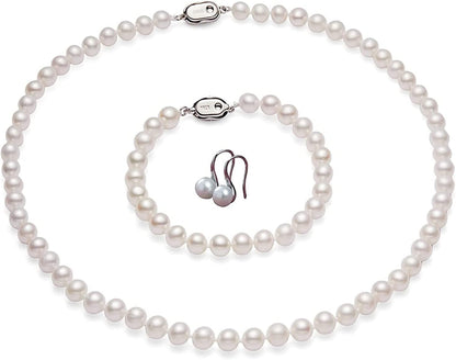Freshwater Pearl Strand Necklace Set Include Bracelet and Dangle Earrings in Leather Gift Box for Women 7.0-8.0mm