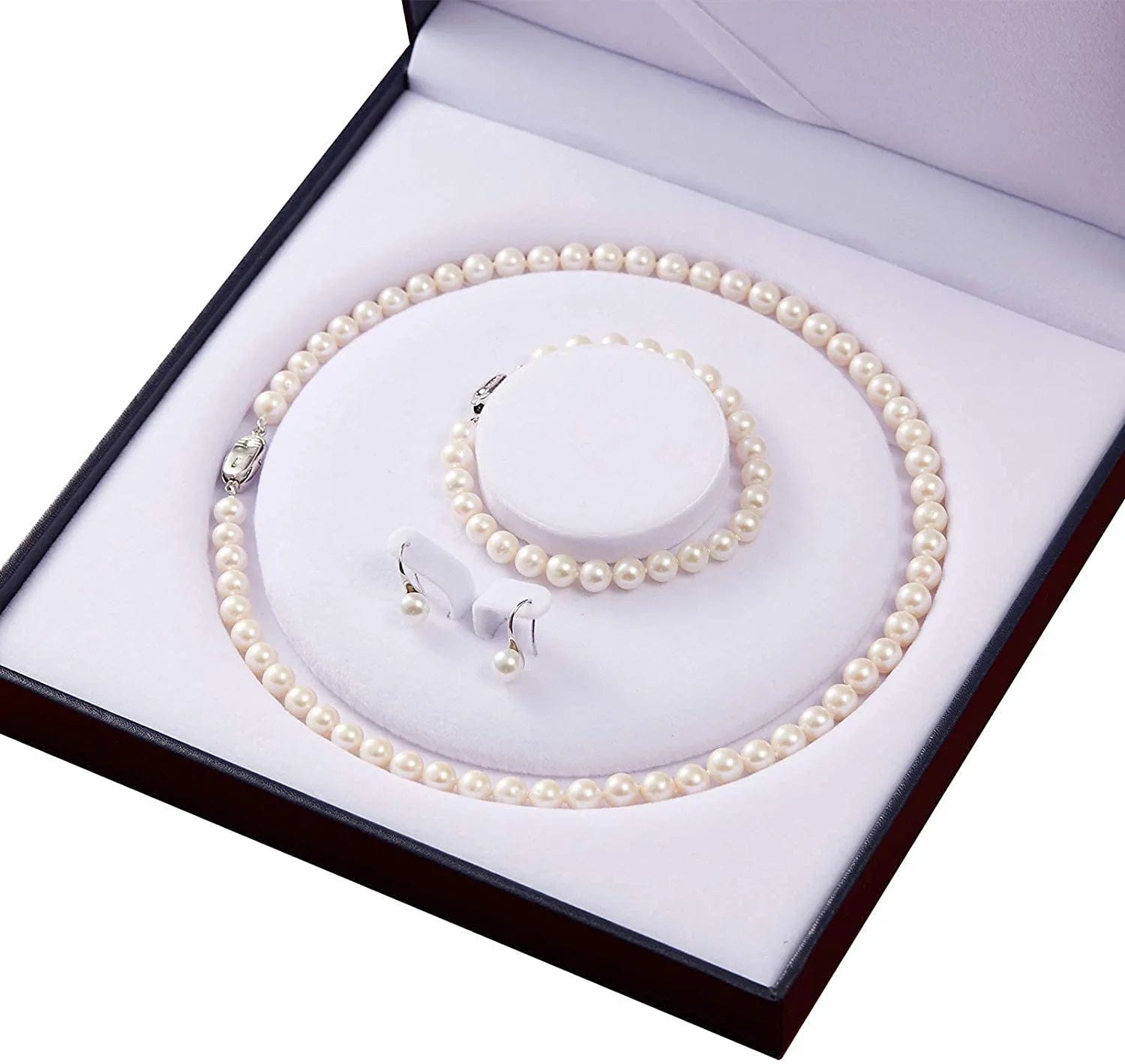 Freshwater Pearl Strand Necklace Set Include Bracelet and Dangle Earrings in Leather Gift Box for Women
