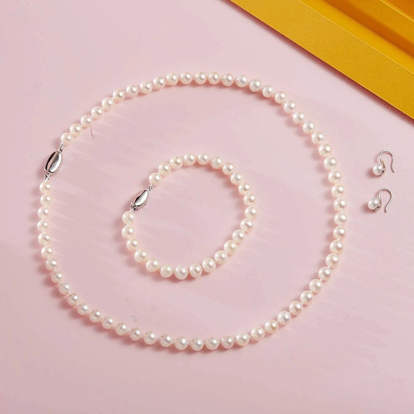 Freshwater Pearl Strand Necklace Set Include Bracelet and Dangle Earrings in Leather Gift Box for Women